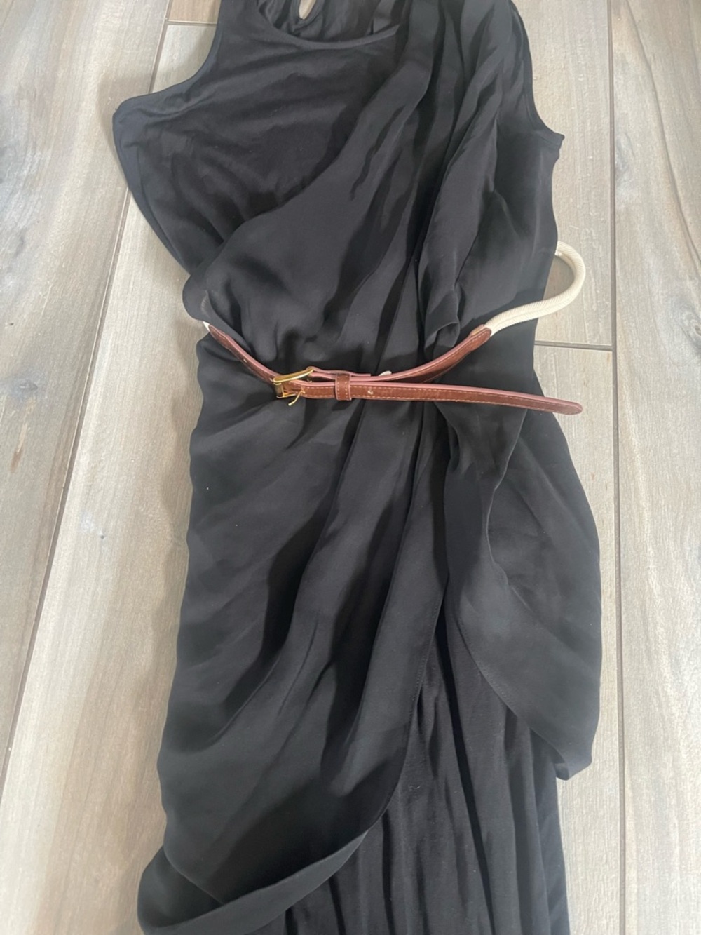 Black Draped Maxi Dress with Brown Rope Belt